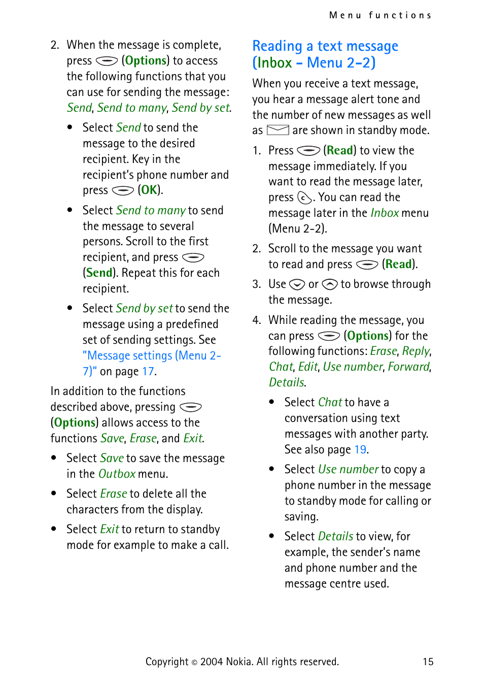 Reading a text message (inbox - menu 2-2), Reading a text message ( inbox - menu 2-2) | Nokia 3315 User Manual | Page 24 / 50