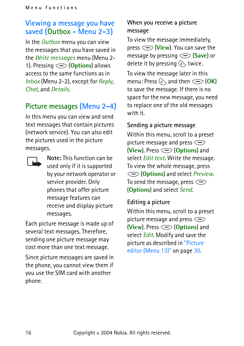 Picture messages (menu 2-4) | Nokia 3315 User Manual | Page 25 / 50