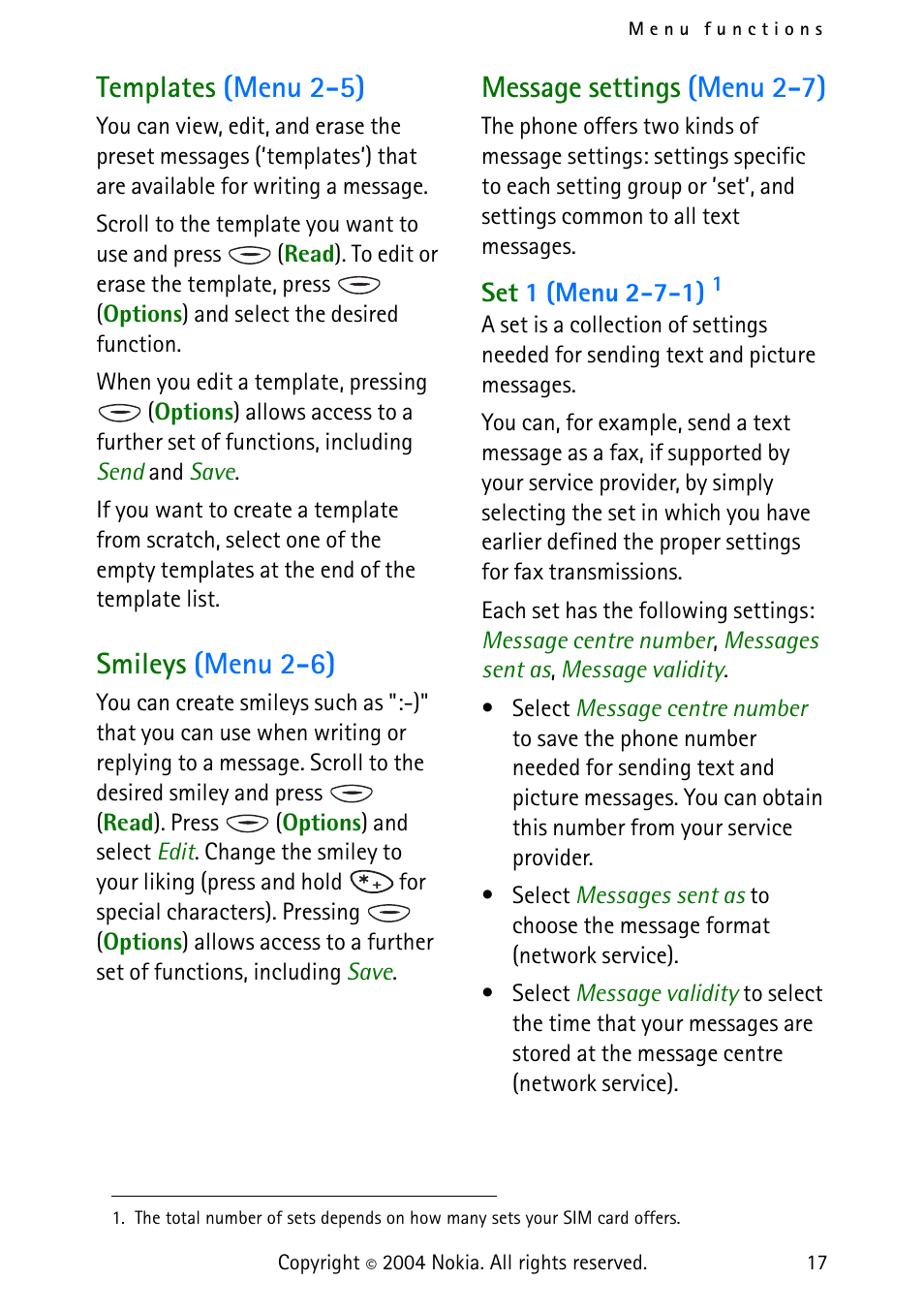 Templates (menu 2-5), Smileys (menu 2-6), Message settings (menu 2-7) | Phone. see, Message settings (menu, Templates, Menu 2-5), Message settings (menu 2- 7) | Nokia 3315 User Manual | Page 26 / 50