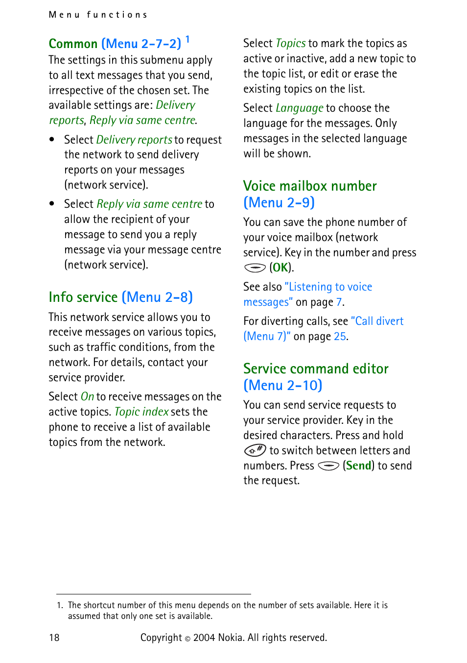 Info service (menu 2-8), Voice mailbox number (menu 2-9), Service command editor (menu 2-10) | Voice mailbox number (menu 2 | Nokia 3315 User Manual | Page 27 / 50