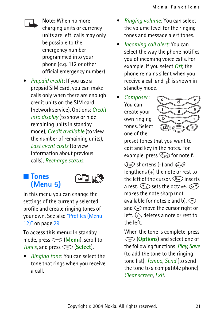 Tones (menu 5) | Nokia 3315 User Manual | Page 30 / 50