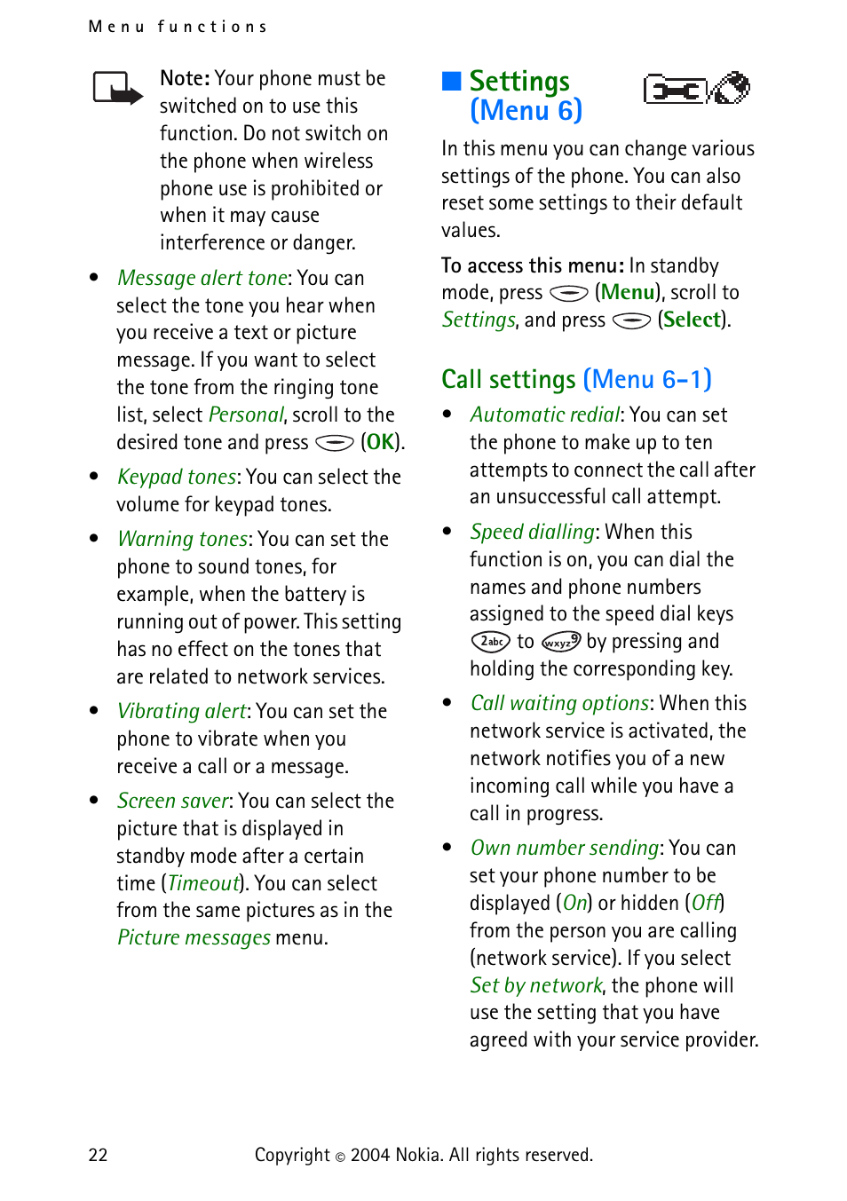 Settings (menu 6), Call settings (menu 6-1), Is activated | Nokia 3315 User Manual | Page 31 / 50