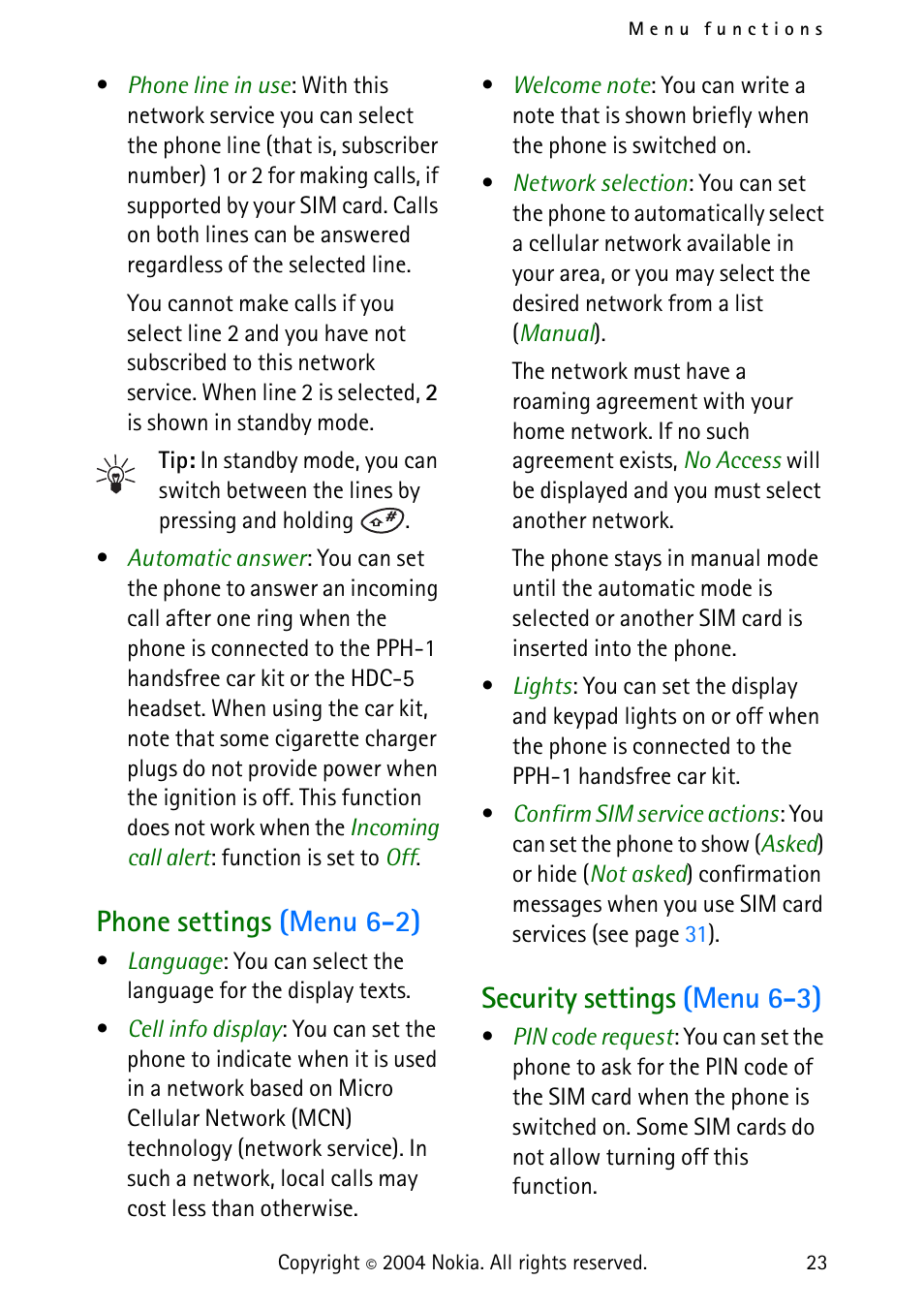 Phone settings (menu 6-2), Security settings (menu 6-3), Setting, see | Security settings, Menu 6-3) | Nokia 3315 User Manual | Page 32 / 50
