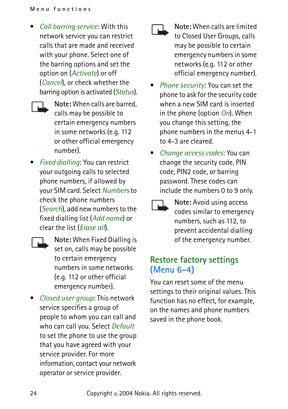 Restore factory settings (menu 6-4) | Nokia 3315 User Manual | Page 33 / 50