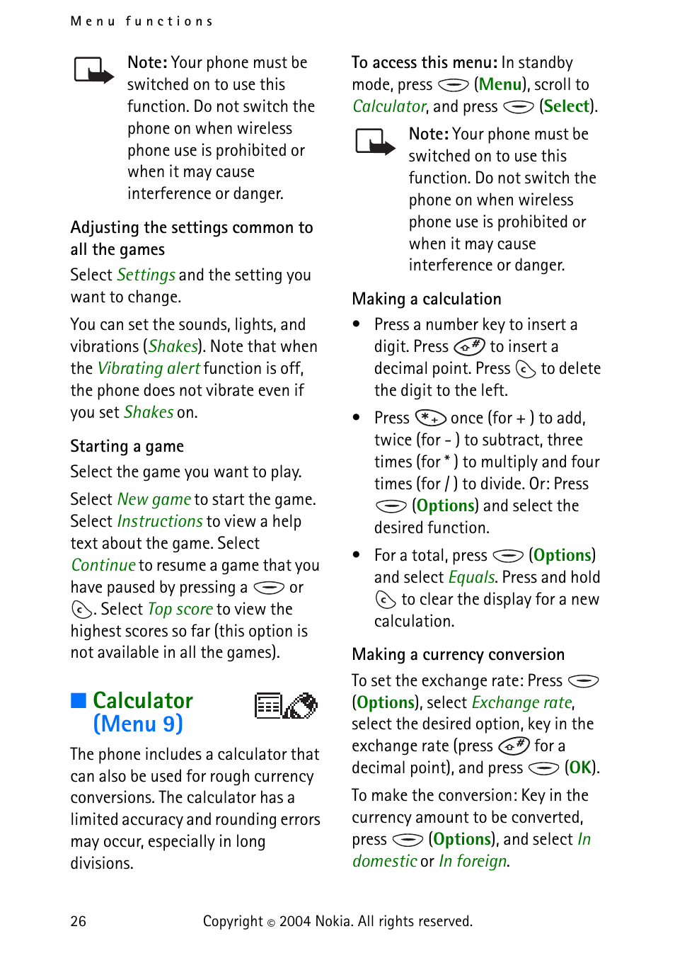 Calculator (menu 9) | Nokia 3315 User Manual | Page 35 / 50