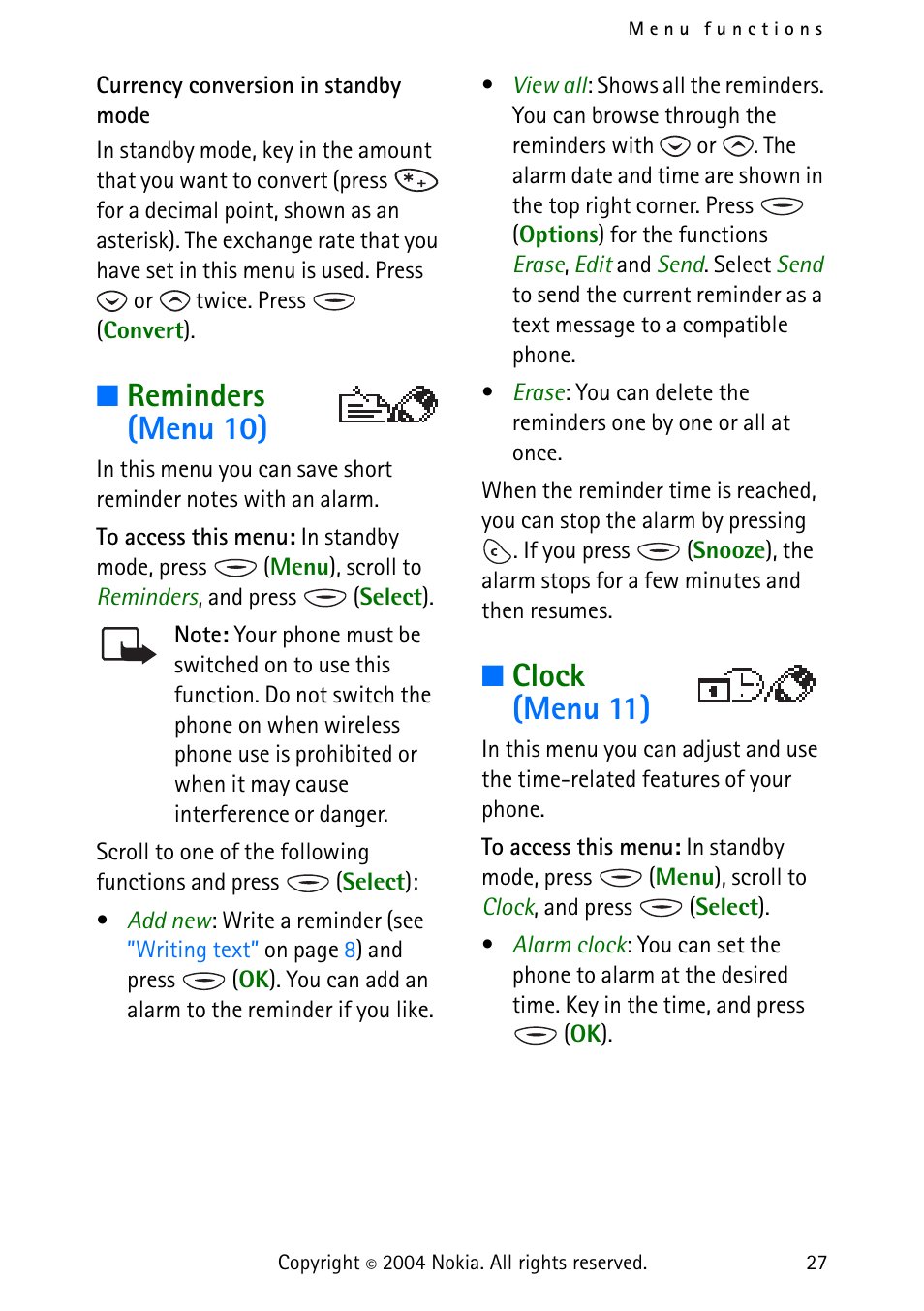 Reminders (menu 10), Clock (menu 11) | Nokia 3315 User Manual | Page 36 / 50