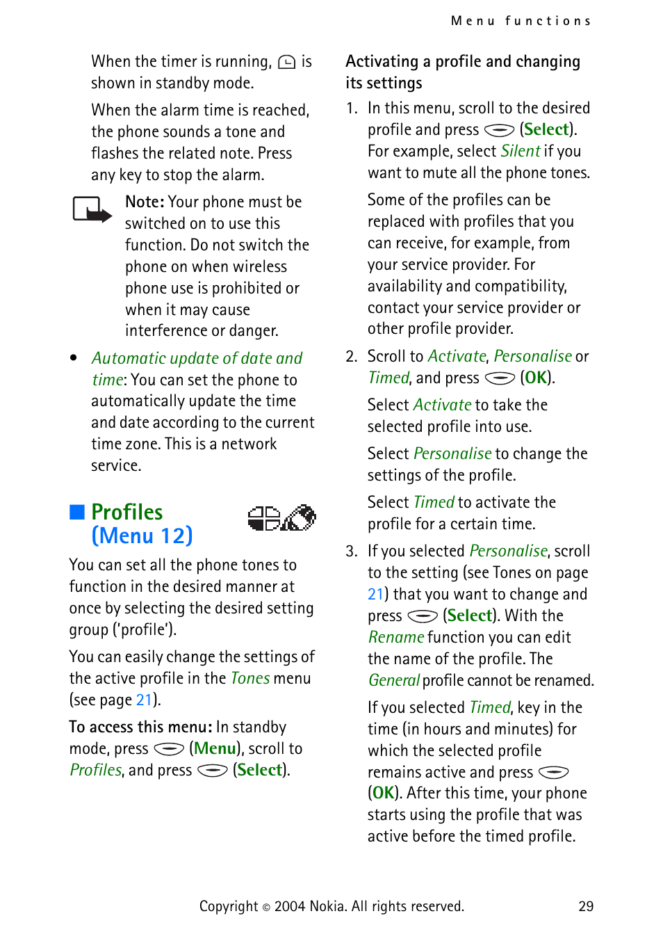 Profiles (menu 12), Profiles (menu | Nokia 3315 User Manual | Page 38 / 50