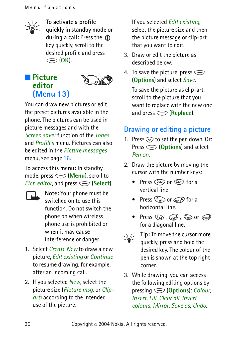 Picture editor (menu 13), Drawing or editing a picture, Picture | Editor (menu 13) | Nokia 3315 User Manual | Page 39 / 50