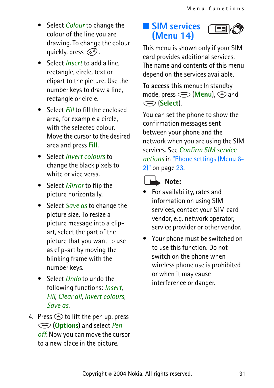 Sim services (menu 14) | Nokia 3315 User Manual | Page 40 / 50