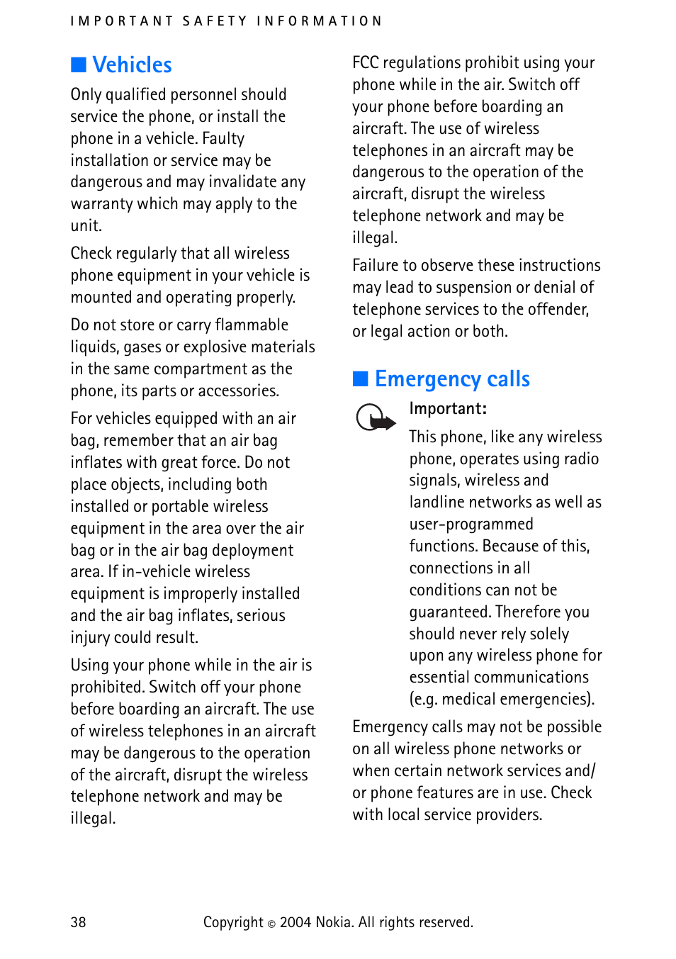 Vehicles, Emergency calls, Vehicles emergency calls | Nokia 3315 User Manual | Page 47 / 50