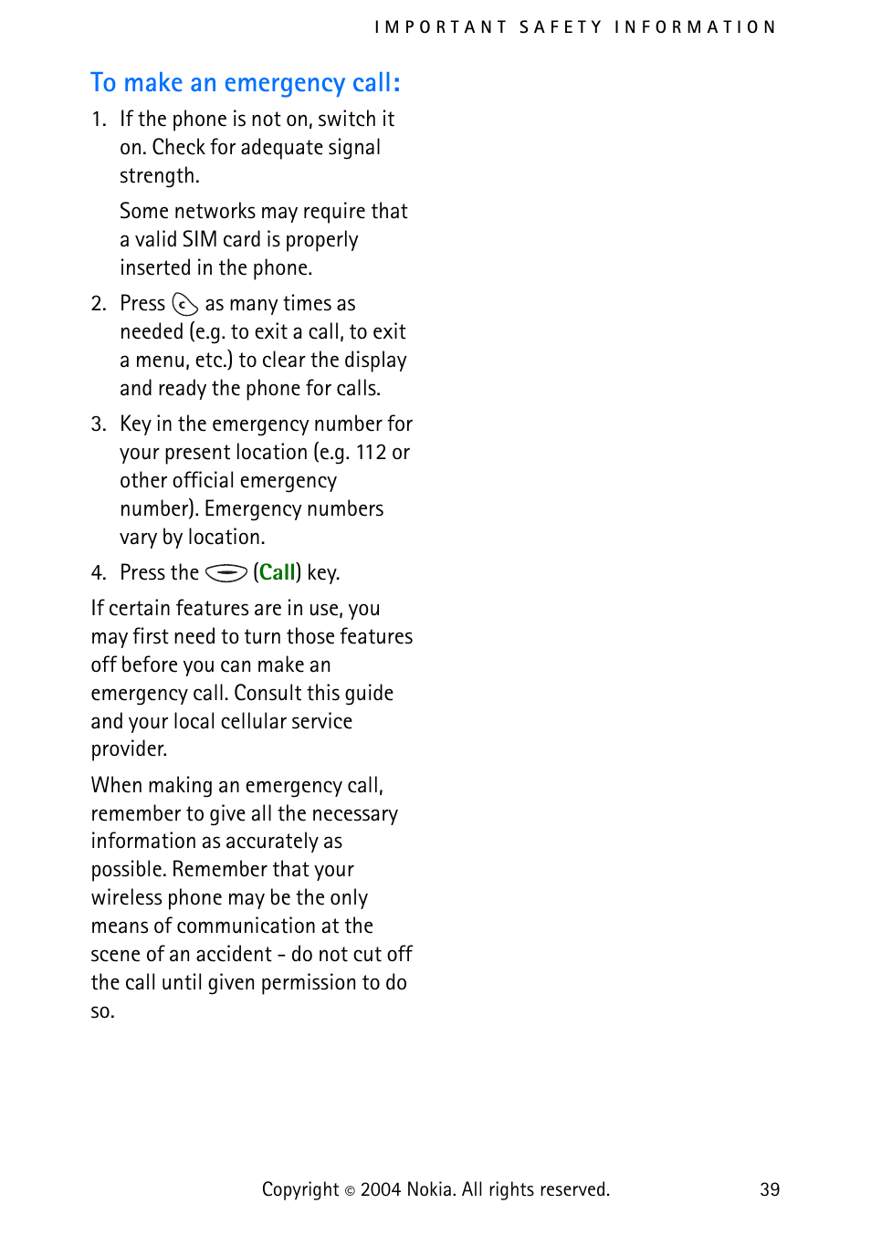 To make an emergency call | Nokia 3315 User Manual | Page 48 / 50
