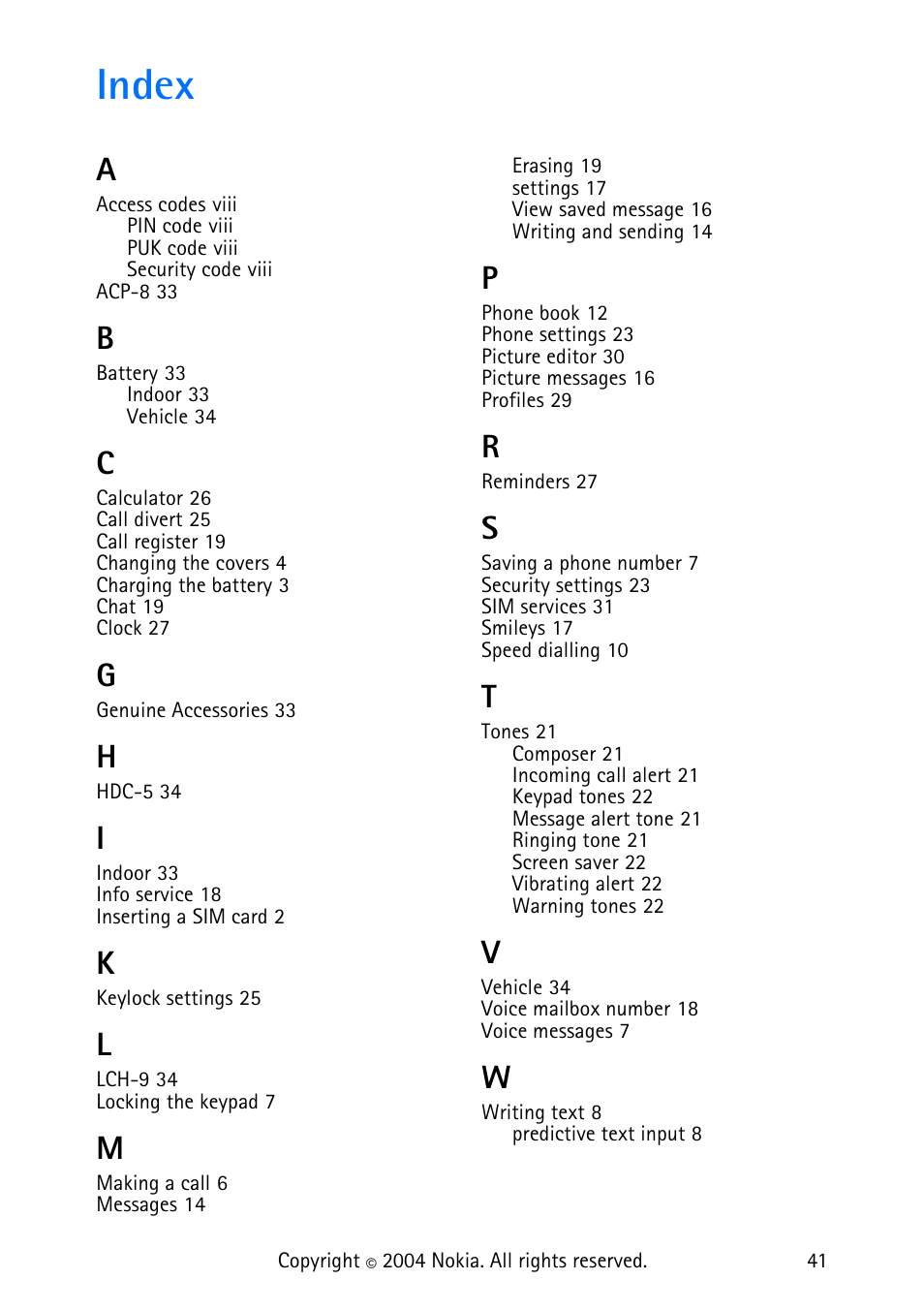 Index | Nokia 3315 User Manual | Page 50 / 50