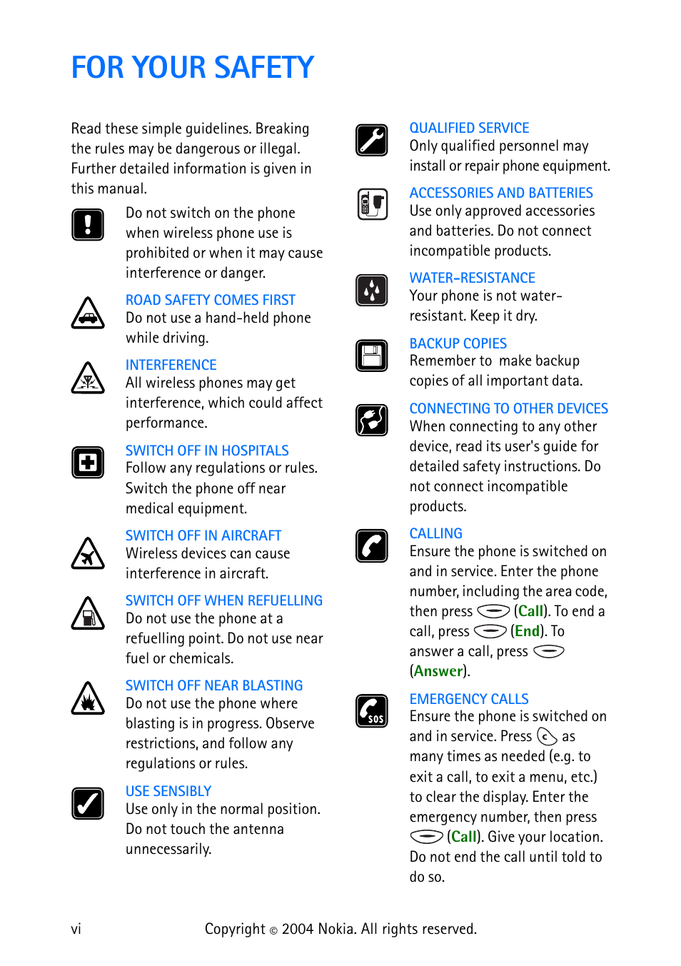 For your safety, For your safety........................vi | Nokia 3315 User Manual | Page 7 / 50