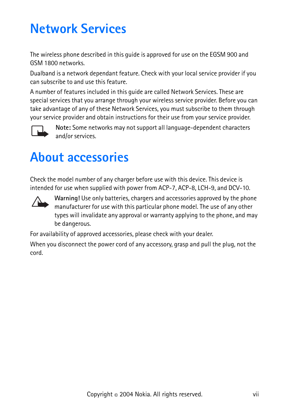 Network services, About accessories, Network services .........................vii | About accessories ........................vii | Nokia 3315 User Manual | Page 8 / 50