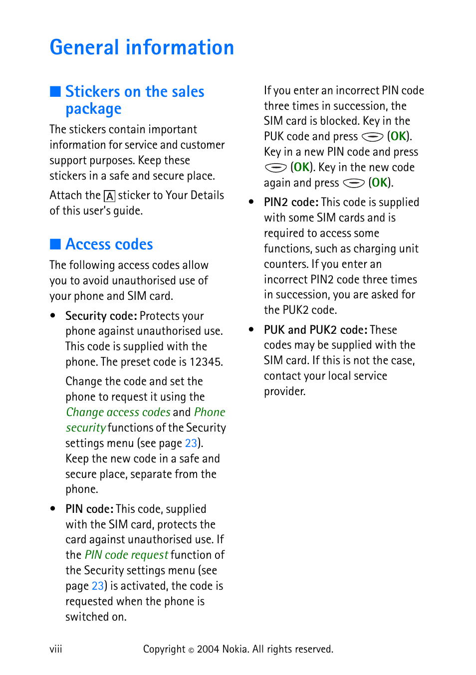 General information, Stickers on the sales package, Access codes | General information ...................viii | Nokia 3315 User Manual | Page 9 / 50