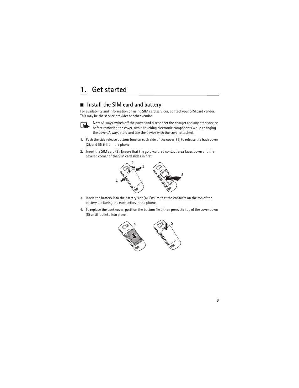 Get started, Install the sim card and battery | Nokia 2630 User Manual | Page 10 / 77