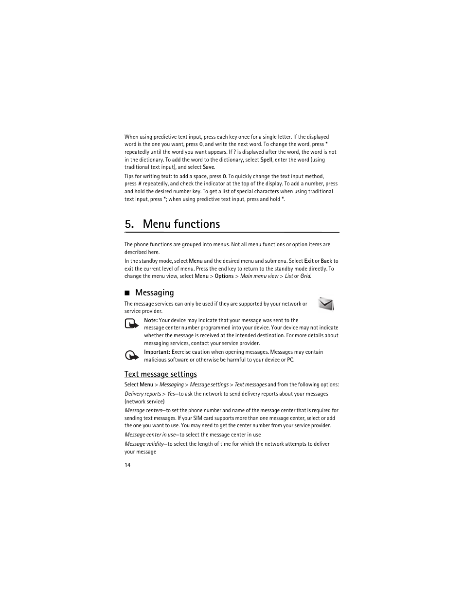 Menu functions, Messaging | Nokia 2630 User Manual | Page 15 / 77