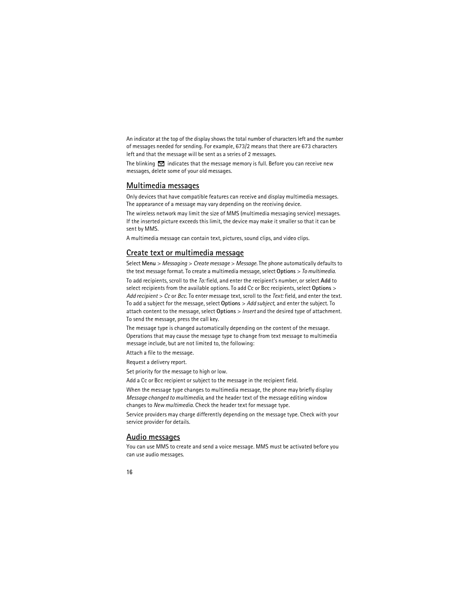 Multimedia messages, Create text or multimedia message, Audio messages | Nokia 2630 User Manual | Page 17 / 77