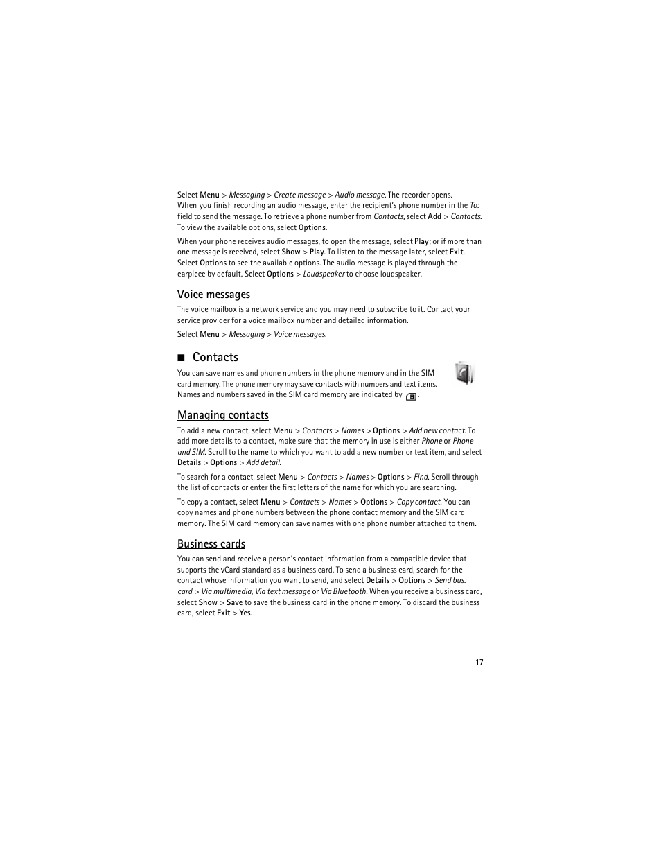 Contacts | Nokia 2630 User Manual | Page 18 / 77