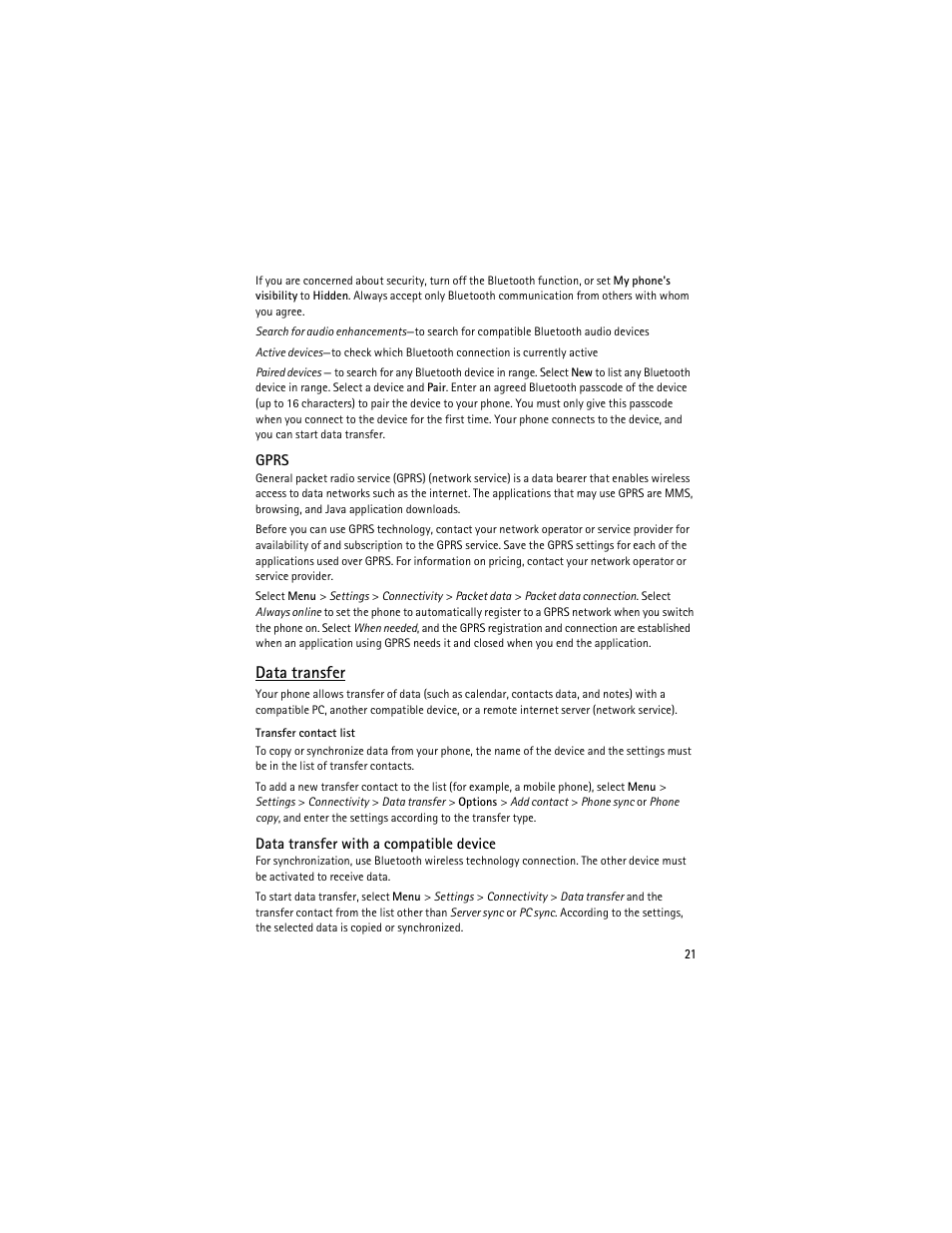 Data transfer | Nokia 2630 User Manual | Page 22 / 77