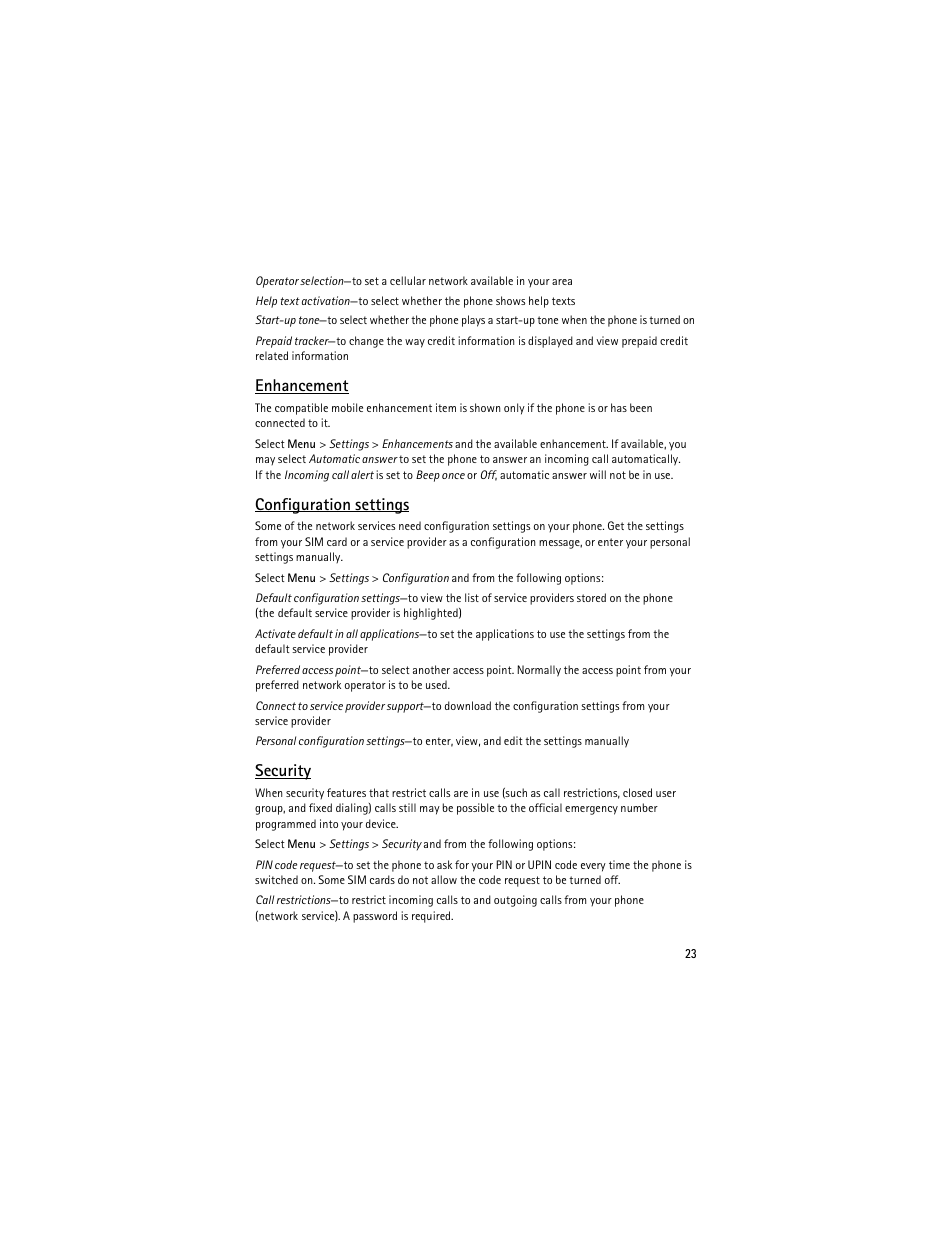 Enhancement, Configuration settings, Security | Nokia 2630 User Manual | Page 24 / 77