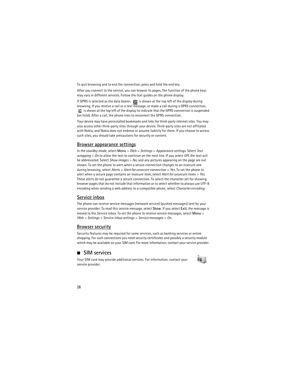Sim services, Browser appearance settings, Service inbox | Browser security | Nokia 2630 User Manual | Page 29 / 77