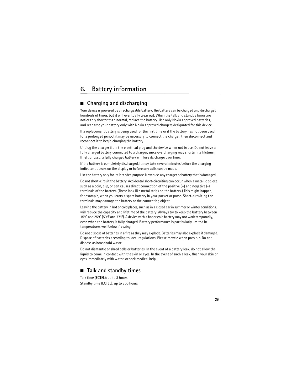 Battery information, Charging and discharging, Talk and standby times | Charging and discharging talk and standby times | Nokia 2630 User Manual | Page 30 / 77