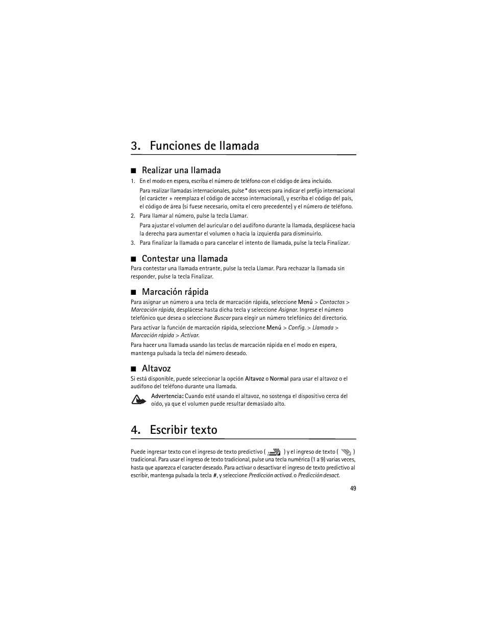 Funciones de llamada, Realizar una llamada, Contestar una llamada | Marcación rápida, Altavoz, Escribir texto | Nokia 2630 User Manual | Page 50 / 77