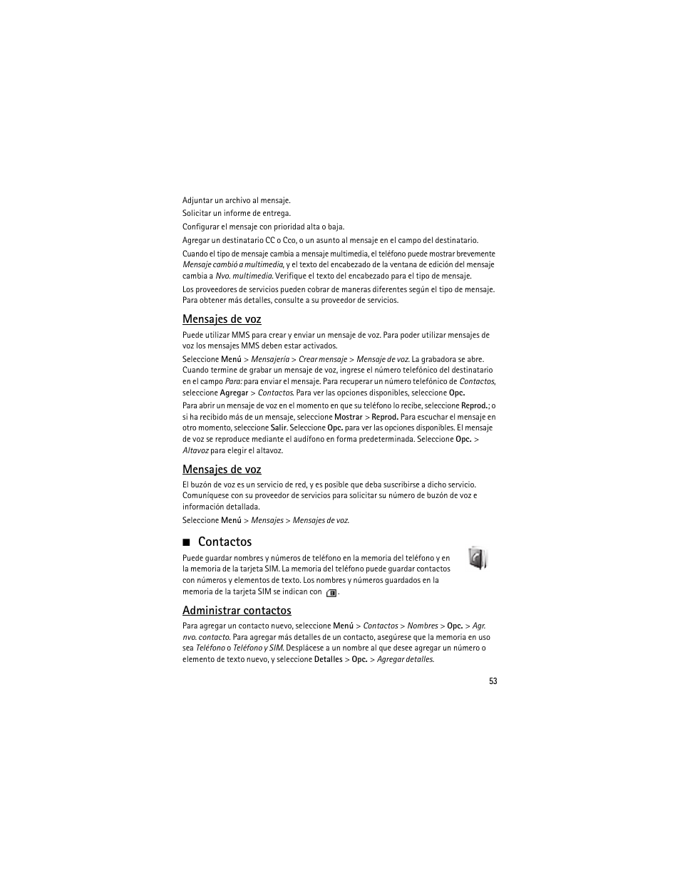 Contactos, Mensajes de voz, Administrar contactos | Nokia 2630 User Manual | Page 54 / 77