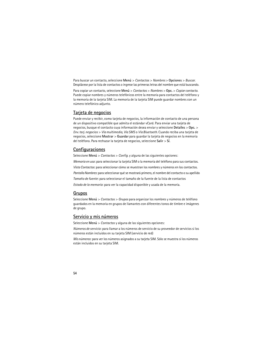 Tarjeta de negocios, Configuraciones, Grupos | Servicio y mis números | Nokia 2630 User Manual | Page 55 / 77