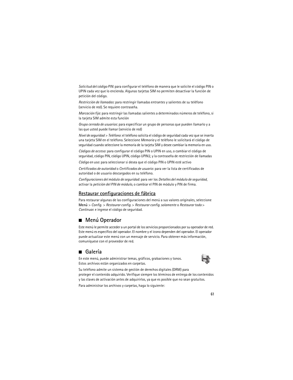 Menú operador, Galería, Menú operador galería | Restaurar configuraciones de fábrica | Nokia 2630 User Manual | Page 62 / 77