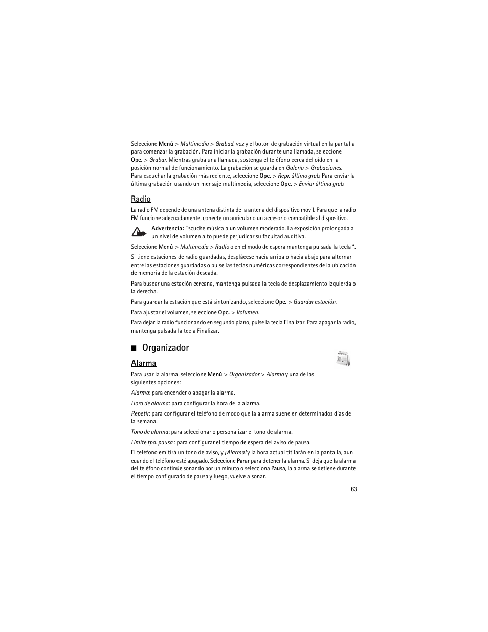 Organizador, Radio, Alarma | Nokia 2630 User Manual | Page 64 / 77