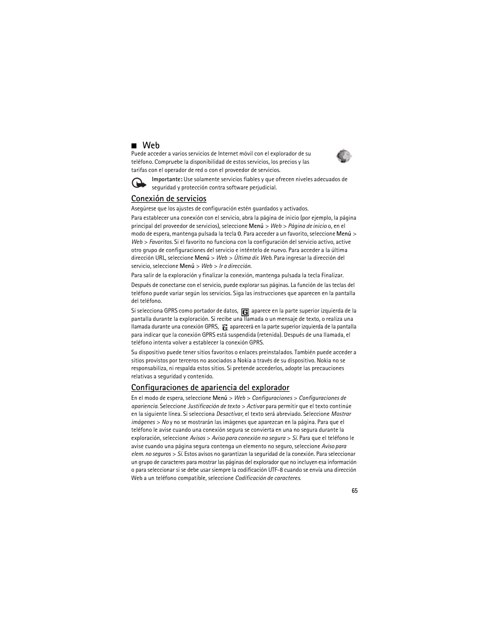 Conexión de servicios, Configuraciones de apariencia del explorador | Nokia 2630 User Manual | Page 66 / 77