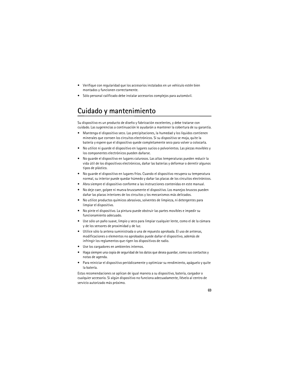 Cuidado y mantenimiento | Nokia 2630 User Manual | Page 70 / 77