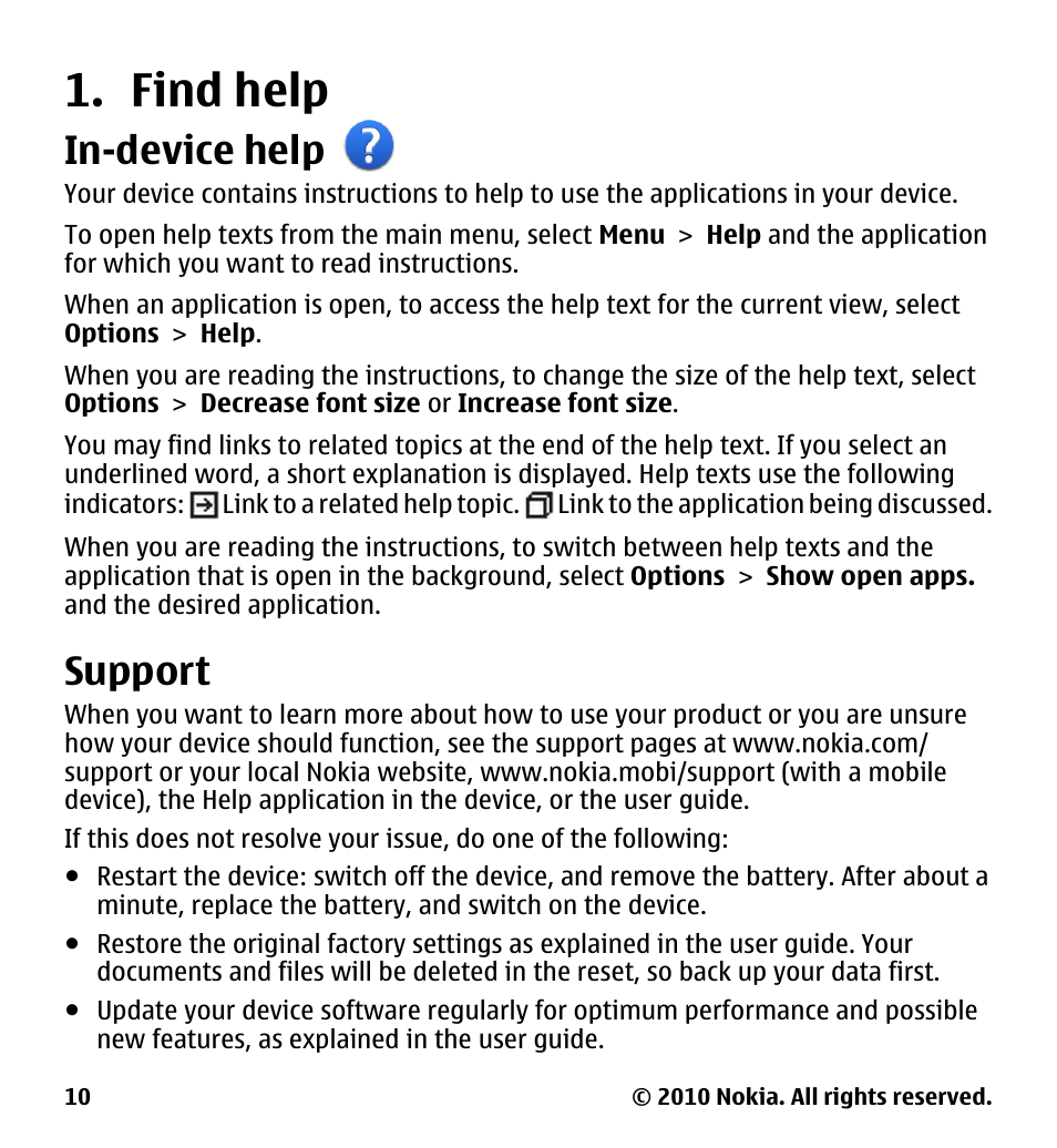 Find help, In-device help, Support | Nokia 5233 User Manual | Page 10 / 142