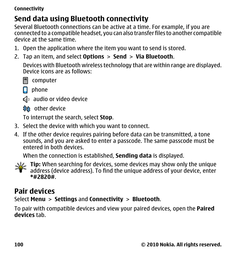 Send data using bluetooth connectivity, Pair devices | Nokia 5233 User Manual | Page 100 / 142