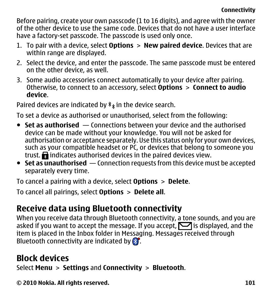 Receive data using bluetooth connectivity, Block devices | Nokia 5233 User Manual | Page 101 / 142