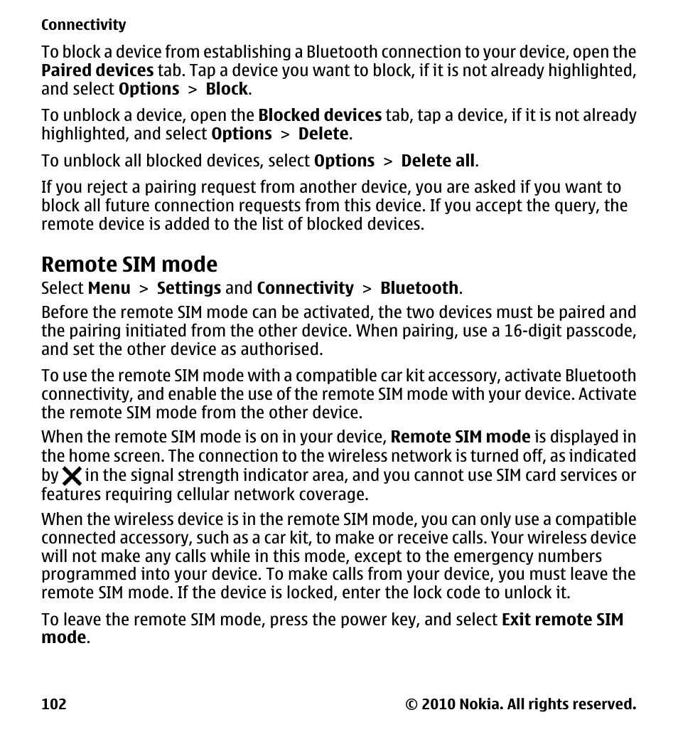 Remote sim mode | Nokia 5233 User Manual | Page 102 / 142