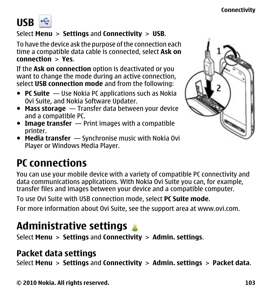 Pc connections, Administrative settings, Packet data settings | Nokia 5233 User Manual | Page 103 / 142