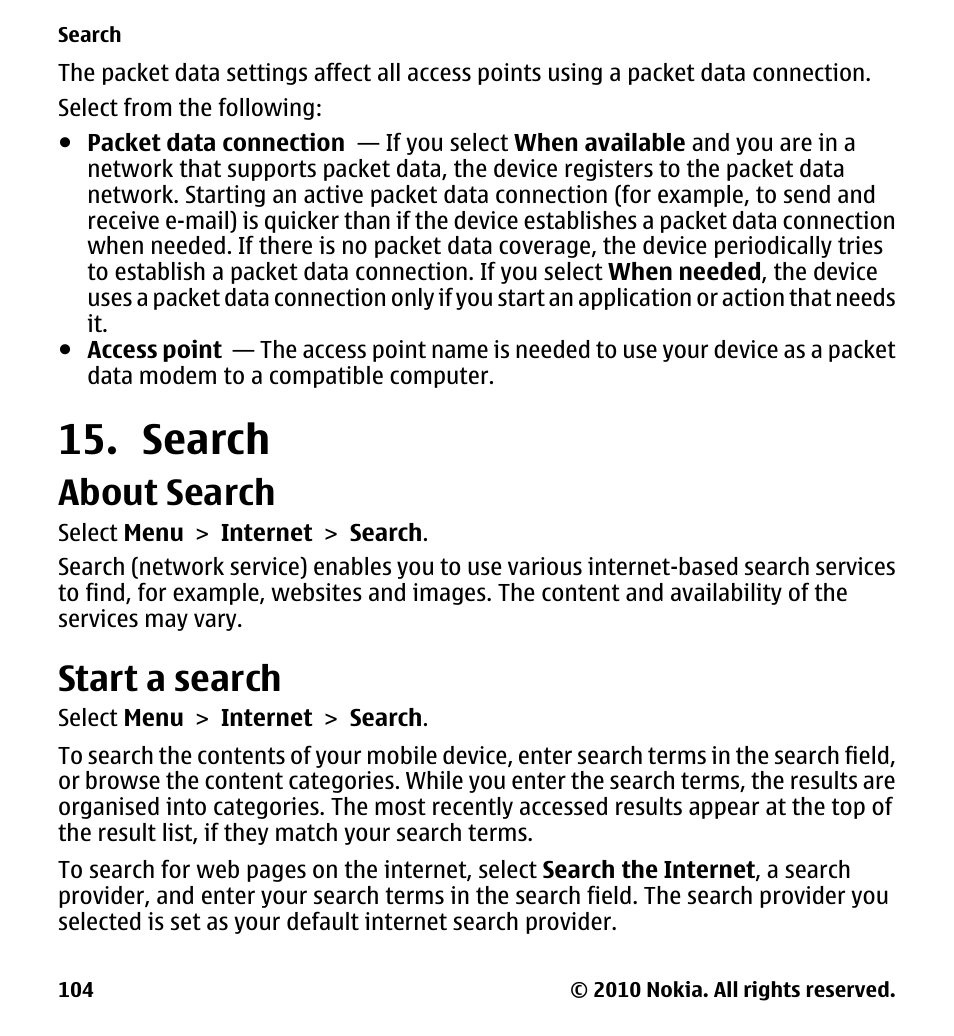 Search, About search, Start a search | Nokia 5233 User Manual | Page 104 / 142