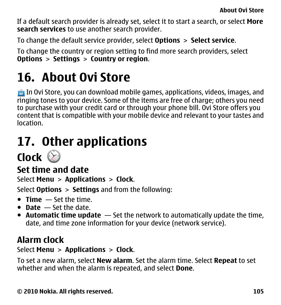 About ovi store, Other applications, Clock | Set time and date, Alarm clock, About ovi store 17. other applications | Nokia 5233 User Manual | Page 105 / 142