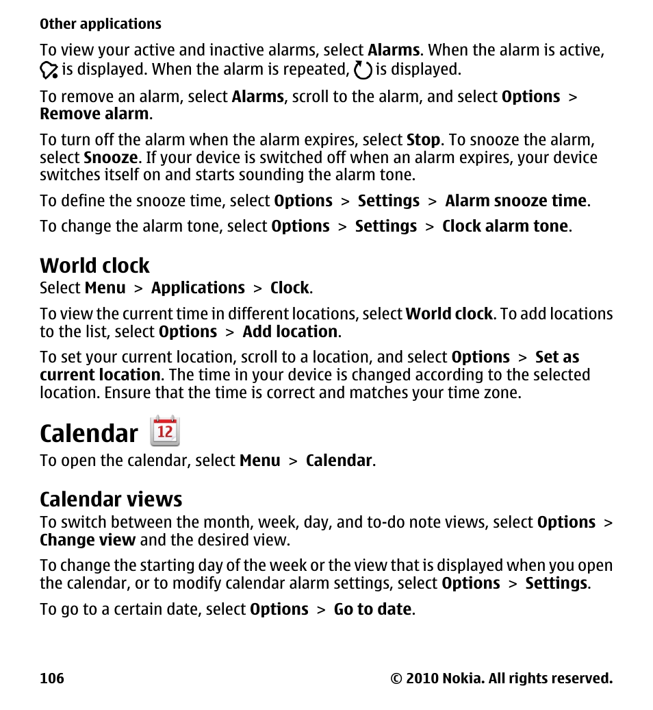 World clock, Calendar, Calendar views | Nokia 5233 User Manual | Page 106 / 142