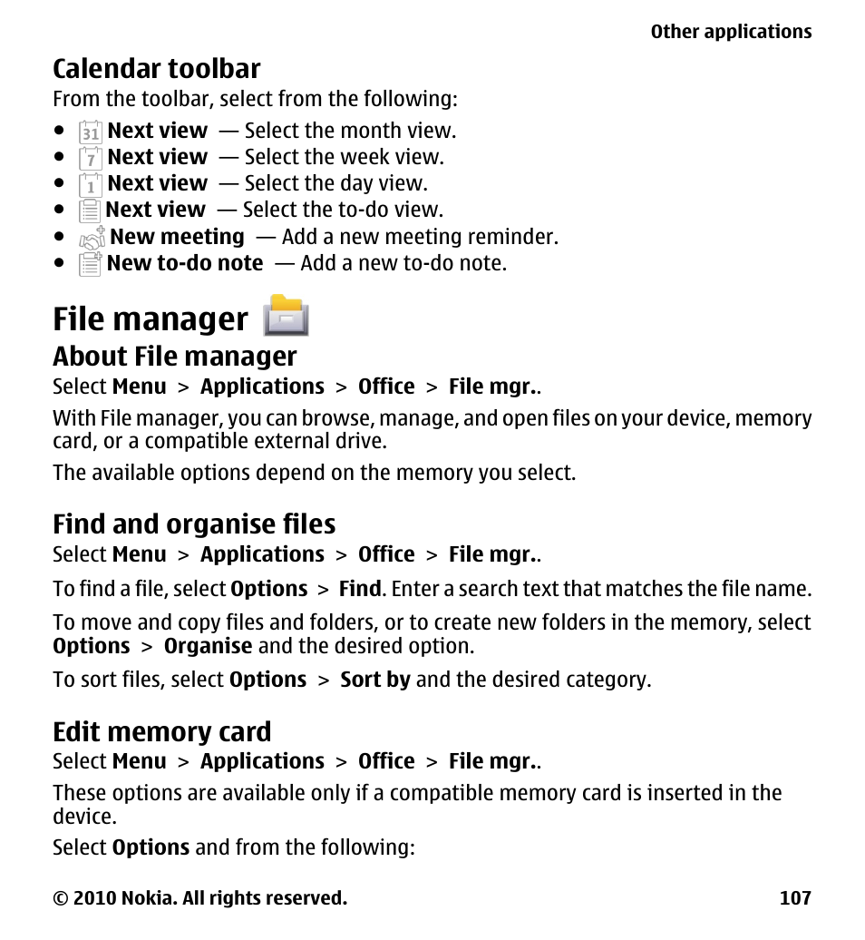 Calendar toolbar, File manager, About file manager | Find and organise files, Edit memory card | Nokia 5233 User Manual | Page 107 / 142