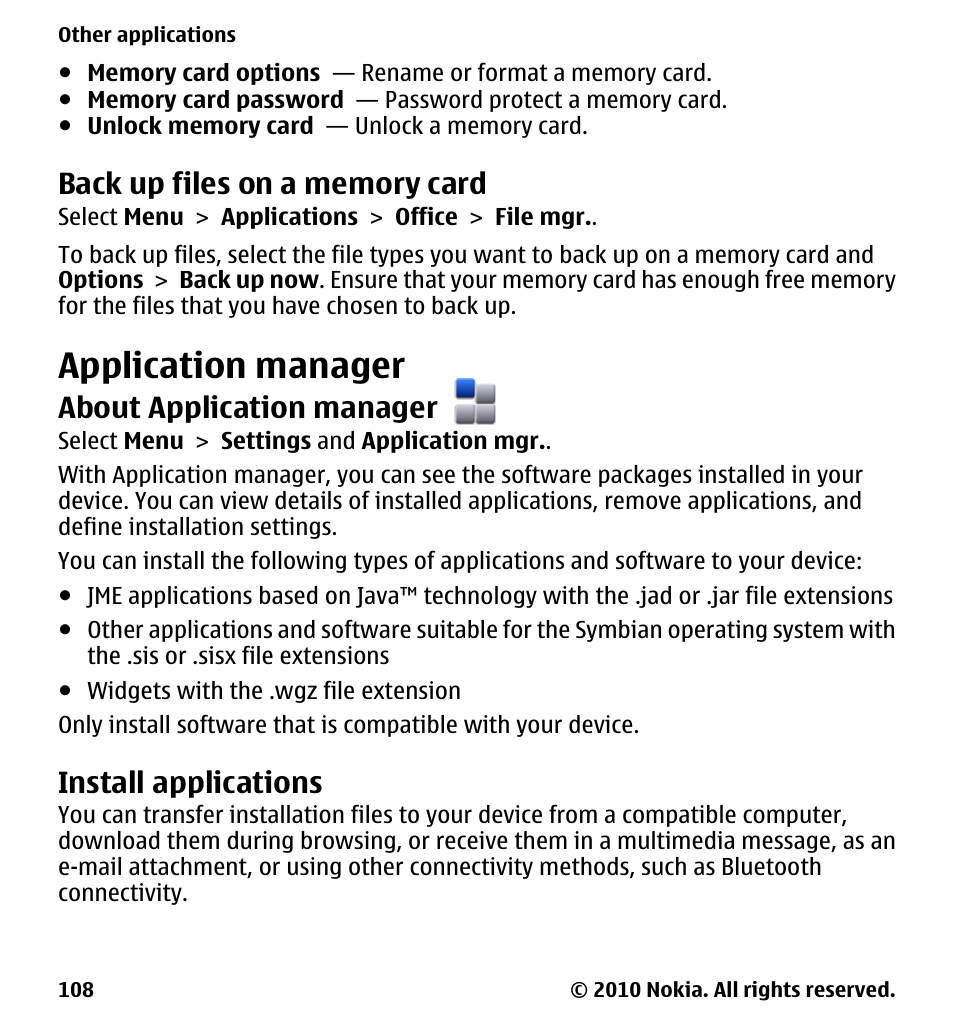 Back up files on a memory card, Application manager, About application manager | Install applications | Nokia 5233 User Manual | Page 108 / 142