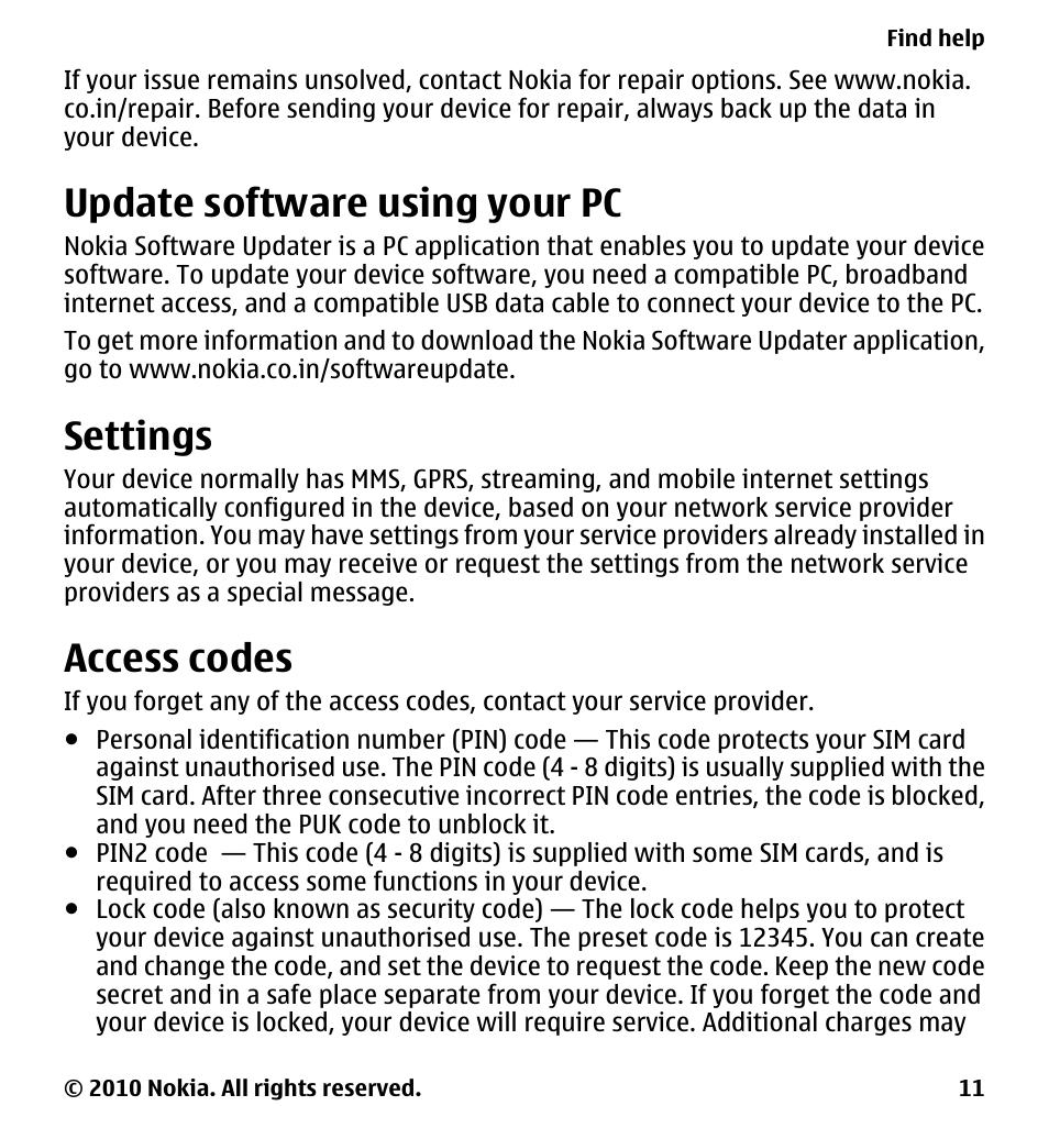 Update software using your pc, Settings, Access codes | Nokia 5233 User Manual | Page 11 / 142