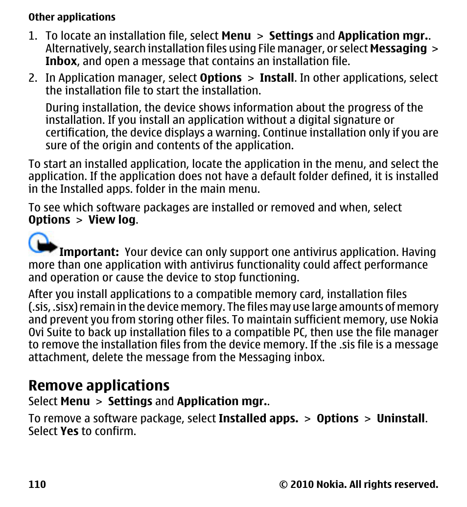 Remove applications | Nokia 5233 User Manual | Page 110 / 142