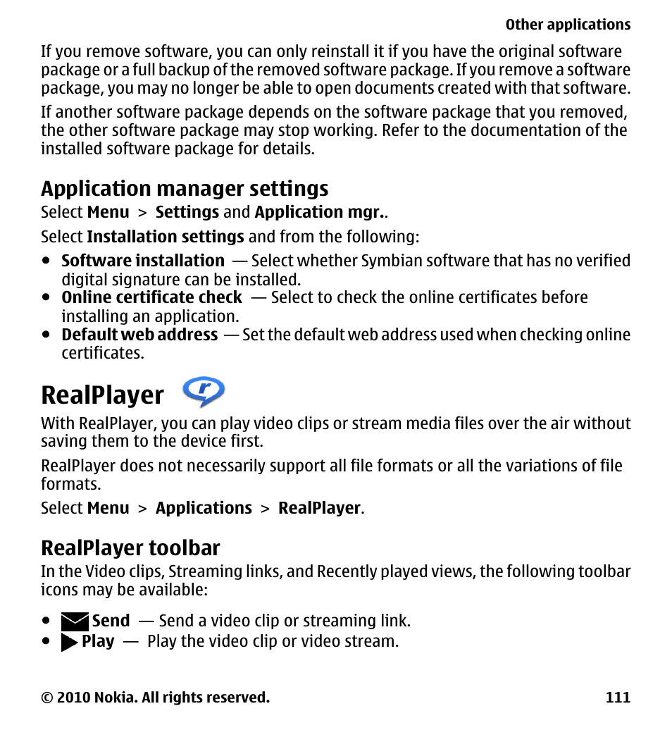 Application manager settings, Realplayer, Realplayer toolbar | Nokia 5233 User Manual | Page 111 / 142