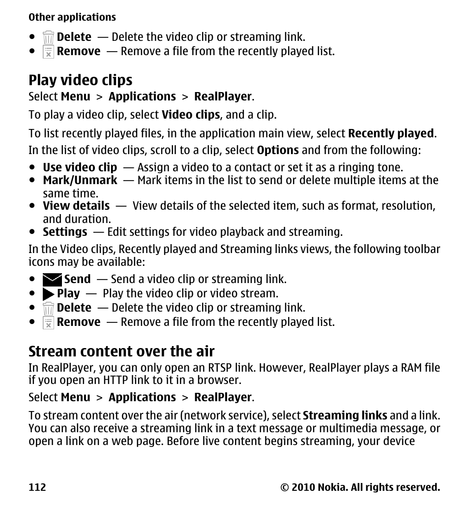 Play video clips, Stream content over the air | Nokia 5233 User Manual | Page 112 / 142