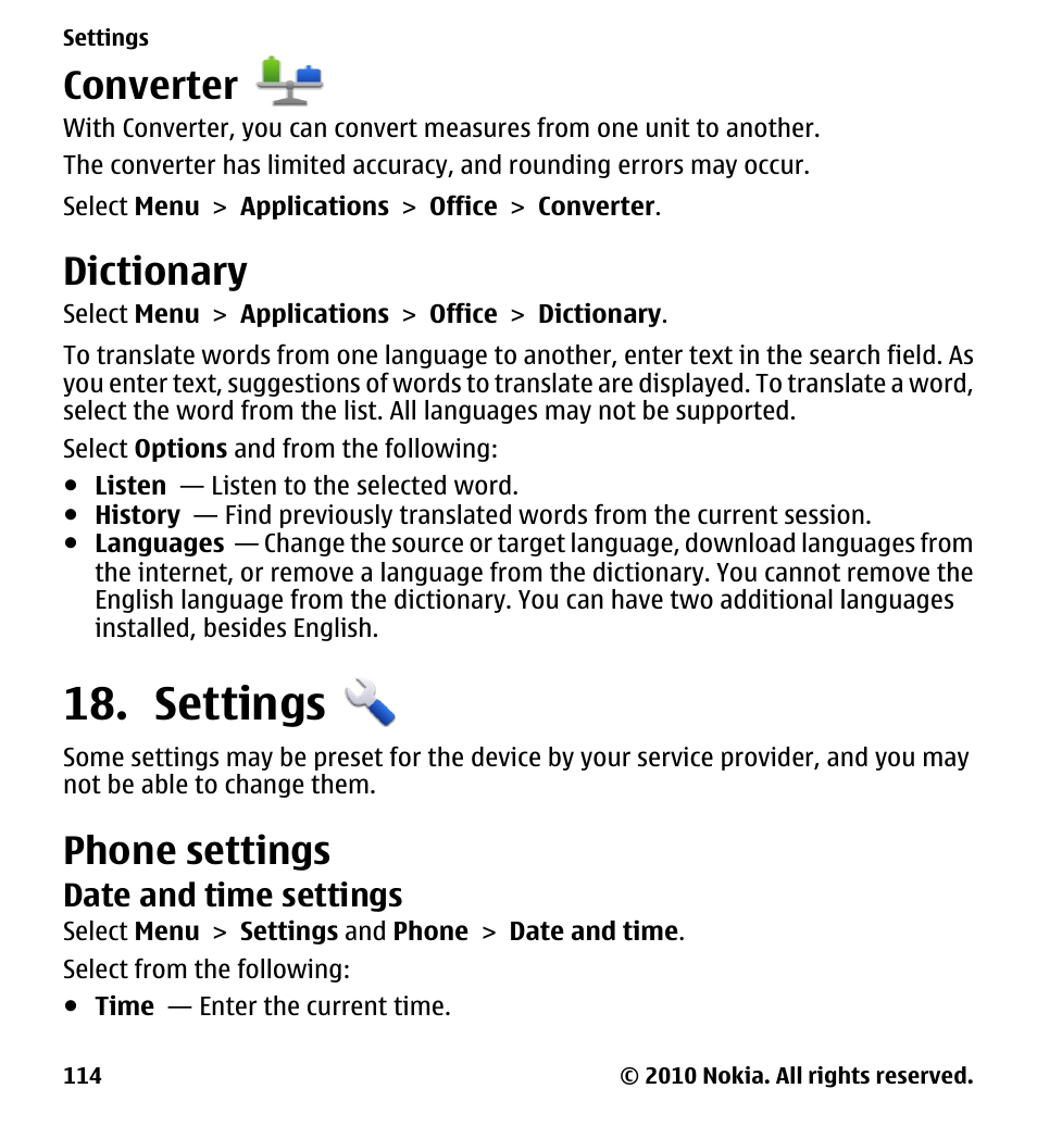 Converter, Dictionary, Settings | Phone settings, Date and time settings | Nokia 5233 User Manual | Page 114 / 142