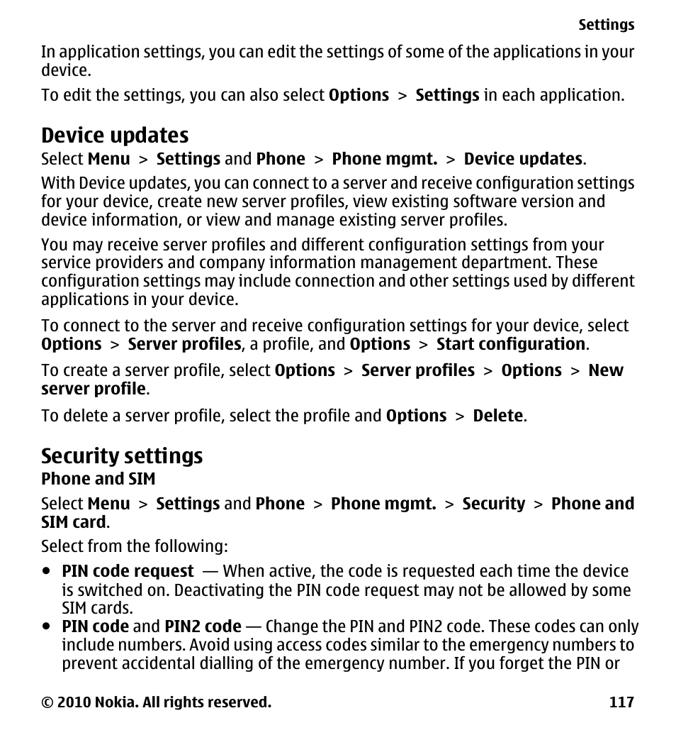 Device updates, Security settings, Phone and sim | Nokia 5233 User Manual | Page 117 / 142